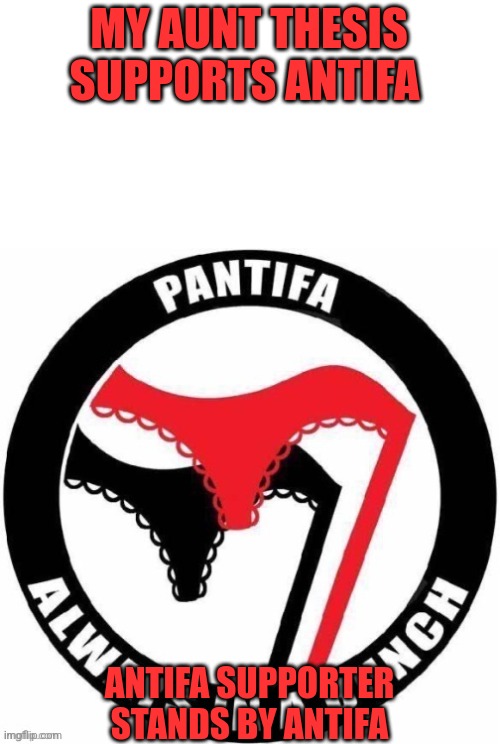 MY AUNT THESIS SUPPORTS ANTIFA ANTIFA SUPPORTER
STANDS BY ANTIFA | made w/ Imgflip meme maker