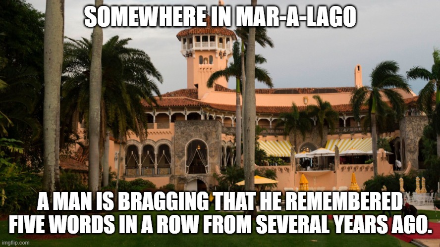 Trump's Mar-A-Lago | SOMEWHERE IN MAR-A-LAGO; A MAN IS BRAGGING THAT HE REMEMBERED FIVE WORDS IN A ROW FROM SEVERAL YEARS AGO. | image tagged in trump's mar-a-lago | made w/ Imgflip meme maker