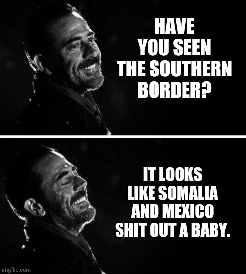 Ain't America anymore. | HAVE YOU SEEN THE SOUTHERN BORDER? IT LOOKS LIKE SOMALIA AND MEXICO SHIT OUT A BABY. | image tagged in oh really neegan | made w/ Imgflip meme maker