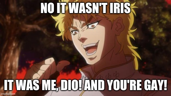But it was me Dio | NO IT WASN'T IRIS IT WAS ME, DIO! AND YOU'RE GAY! | image tagged in but it was me dio | made w/ Imgflip meme maker