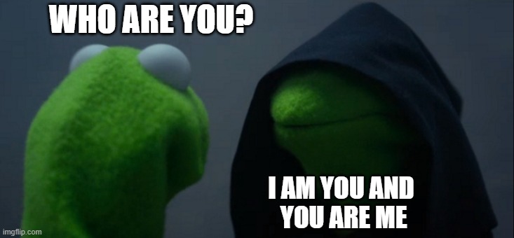 I am you | WHO ARE YOU? I AM YOU AND
 YOU ARE ME | image tagged in memes,evil kermit | made w/ Imgflip meme maker