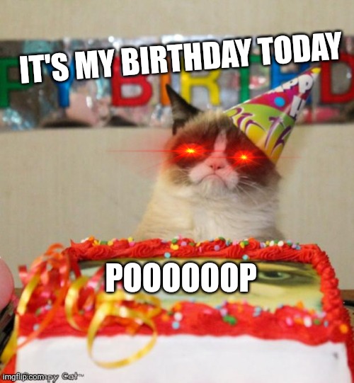 Grumpy Cat Birthday | IT'S MY BIRTHDAY TODAY; POOOOOOP | image tagged in memes,grumpy cat birthday,grumpy cat | made w/ Imgflip meme maker