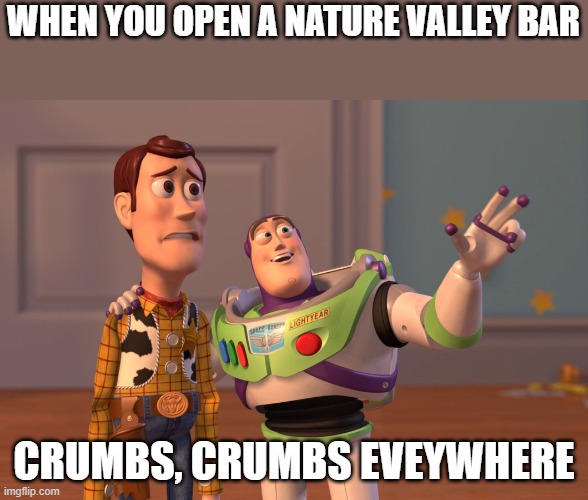 it just happens somtimes | WHEN YOU OPEN A NATURE VALLEY BAR; CRUMBS, CRUMBS EVEYWHERE | image tagged in memes,x x everywhere | made w/ Imgflip meme maker