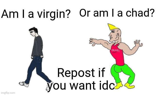 Virgin vs Chad | Or am I a chad? Am I a virgin? Repost if you want idc | image tagged in virgin vs chad | made w/ Imgflip meme maker
