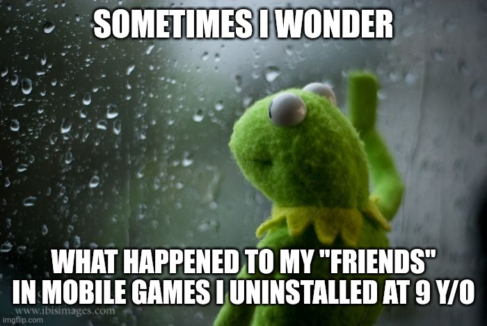 Sometimes... | SOMETIMES I WONDER; WHAT HAPPENED TO MY "FRIENDS" IN MOBILE GAMES I UNINSTALLED AT 9 Y/O | image tagged in kermit window | made w/ Imgflip meme maker