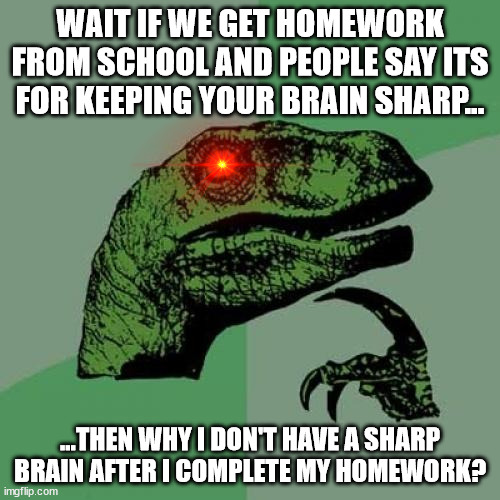 School meme | WAIT IF WE GET HOMEWORK FROM SCHOOL AND PEOPLE SAY ITS FOR KEEPING YOUR BRAIN SHARP... ...THEN WHY I DON'T HAVE A SHARP BRAIN AFTER I COMPLETE MY HOMEWORK? | image tagged in memes,philosoraptor | made w/ Imgflip meme maker