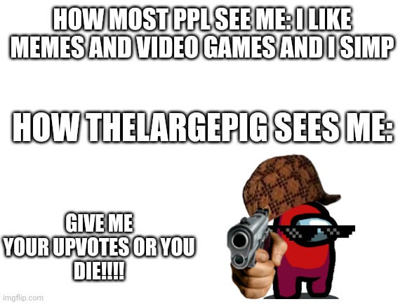 He thinks i am 8 years old and am desperate for upvotes | HOW MOST PPL SEE ME: I LIKE MEMES AND VIDEO GAMES AND I SIMP; HOW THELARGEPIG SEES ME:; GIVE ME YOUR UPVOTES OR YOU
DIE!!!! | image tagged in blank white template | made w/ Imgflip meme maker