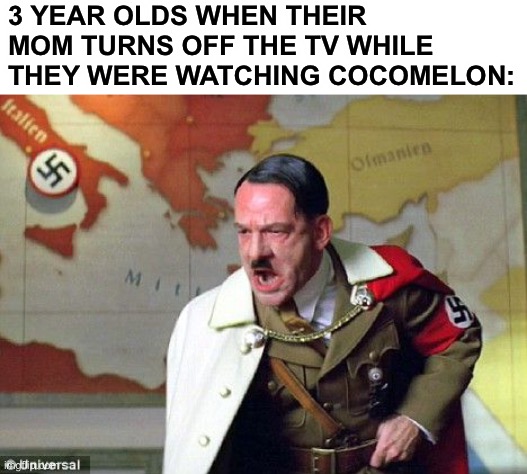 Angry Hitler |  3 YEAR OLDS WHEN THEIR MOM TURNS OFF THE TV WHILE THEY WERE WATCHING COCOMELON: | image tagged in angry hitler,memes | made w/ Imgflip meme maker