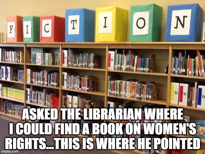 Know Your Rights | ASKED THE LIBRARIAN WHERE I COULD FIND A BOOK ON WOMEN'S RIGHTS...THIS IS WHERE HE POINTED | image tagged in dark humor | made w/ Imgflip meme maker