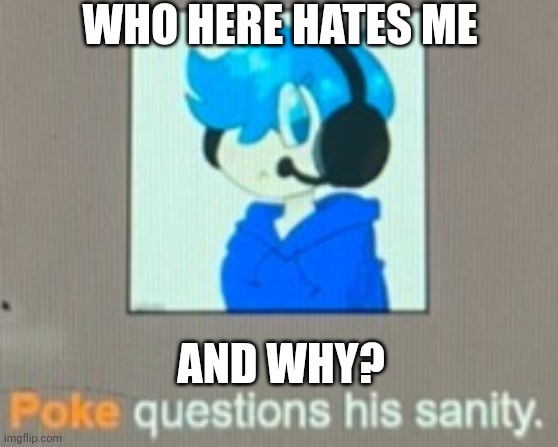 Poke questions his sanity | WHO HERE HATES ME; AND WHY? | image tagged in poke questions his sanity | made w/ Imgflip meme maker