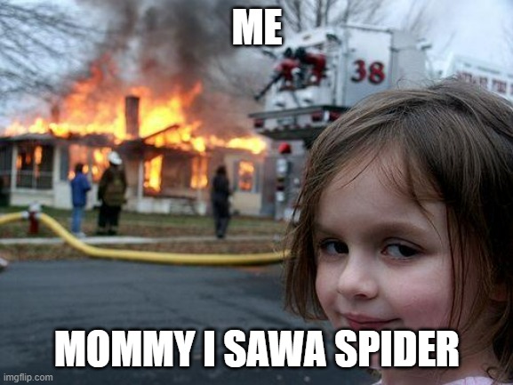 Disaster Girl | ME; MOMMY I SAWA SPIDER | image tagged in memes,disaster girl | made w/ Imgflip meme maker