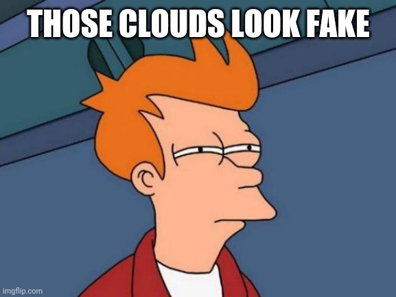 Futurama Fry Meme | THOSE CLOUDS LOOK FAKE | image tagged in memes,futurama fry | made w/ Imgflip meme maker