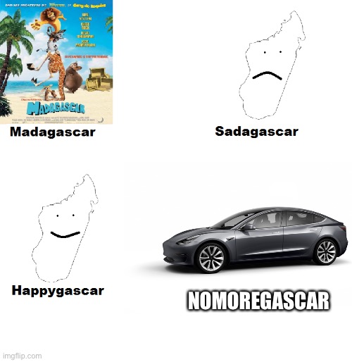 Electric cars |  NOMOREGASCAR | image tagged in madagascar sad happy,tesla,car,electric cars | made w/ Imgflip meme maker