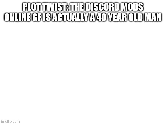 The greatest plot twist of all time | PLOT TWIST: THE DISCORD MODS ONLINE GF IS ACTUALLY A 40 YEAR OLD MAN | image tagged in blank white template | made w/ Imgflip meme maker