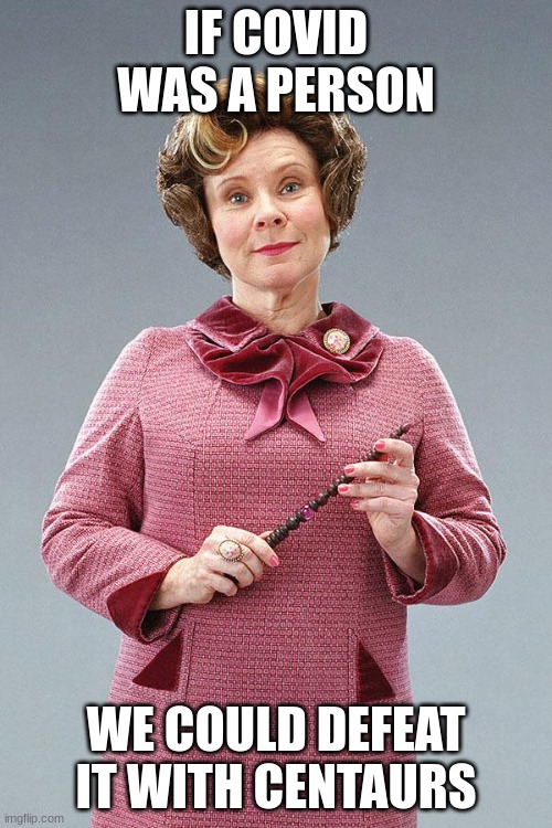 Dolores Umbridge | IF COVID WAS A PERSON; WE COULD DEFEAT IT WITH CENTAURS | image tagged in dolores umbridge | made w/ Imgflip meme maker