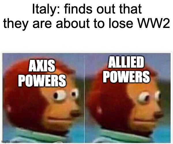 Monkey Puppet Meme | Italy: finds out that they are about to lose WW2; AXIS POWERS; ALLIED POWERS | image tagged in memes,monkey puppet | made w/ Imgflip meme maker