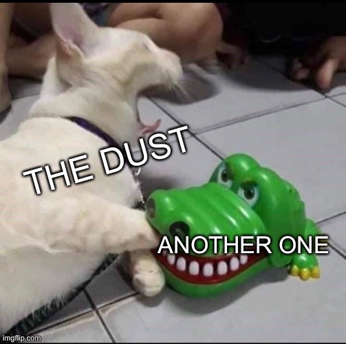 Cat bitten by toy alligator | THE DUST; ANOTHER ONE | image tagged in cat bitten by toy alligator | made w/ Imgflip meme maker