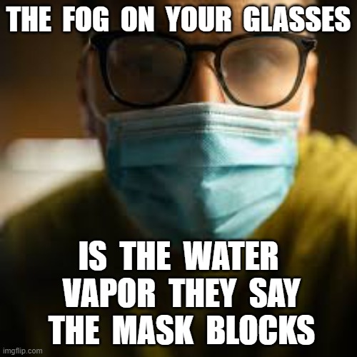 THE  FOG  ON  YOUR  GLASSES; IS  THE  WATER  VAPOR  THEY  SAY  THE  MASK  BLOCKS | image tagged in mask,plandemic,insanity,covid | made w/ Imgflip meme maker