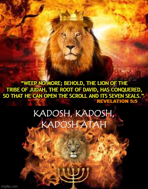 “WEEP NO MORE; BEHOLD, THE LION OF THE TRIBE OF JUDAH, THE ROOT OF DAVID, HAS CONQUERED, SO THAT HE CAN OPEN THE SCROLL AND ITS SEVEN SEALS.”; REVELATION 5:5 | made w/ Imgflip meme maker