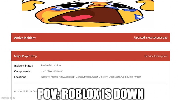Roblox when it’s down for the 100th time: | POV: ROBLOX IS DOWN | image tagged in roblox meme,certified bruh moment,crying | made w/ Imgflip meme maker