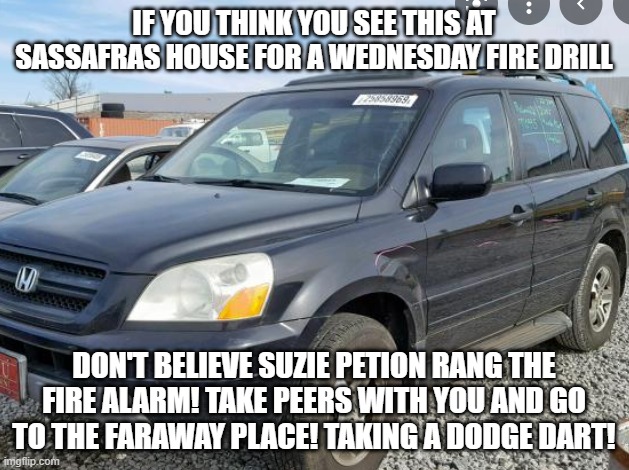 Suzie Petion's fire drills meme | IF YOU THINK YOU SEE THIS AT SASSAFRAS HOUSE FOR A WEDNESDAY FIRE DRILL; DON'T BELIEVE SUZIE PETION RANG THE FIRE ALARM! TAKE PEERS WITH YOU AND GO TO THE FARAWAY PLACE! TAKING A DODGE DART! | image tagged in fire alarm,pilot,lady | made w/ Imgflip meme maker