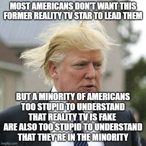 Reality TV Is Fake | MOST AMERICANS DON'T WANT THIS FORMER REALITY TV STAR TO LEAD THEM; BUT A MINORITY OF AMERICANS
TOO STUPID TO UNDERSTAND
THAT REALITY TV IS FAKE 
ARE ALSO TOO STUPID TO UNDERSTAND
THAT THEY'RE IN THE MINORITY | image tagged in donald trump,reality tv,reality check,expectations vs reality,delusional,fake news | made w/ Imgflip meme maker