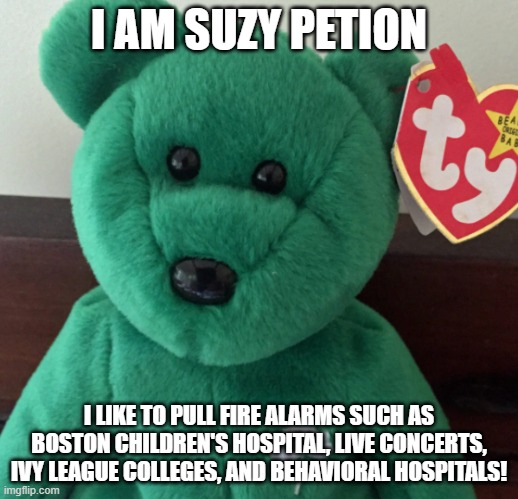 Suzy Petion profile about alarms | I AM SUZY PETION; I LIKE TO PULL FIRE ALARMS SUCH AS BOSTON CHILDREN'S HOSPITAL, LIVE CONCERTS, IVY LEAGUE COLLEGES, AND BEHAVIORAL HOSPITALS! | image tagged in fire alarm,big trouble,sneezing | made w/ Imgflip meme maker