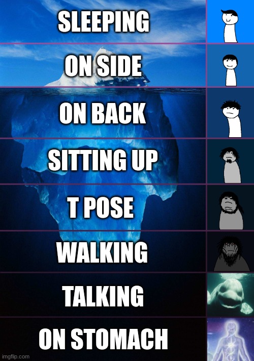the pain is immaculate | SLEEPING; ON SIDE; ON BACK; SITTING UP; T POSE; WALKING; TALKING; ON STOMACH | image tagged in iceberg levels tiers | made w/ Imgflip meme maker