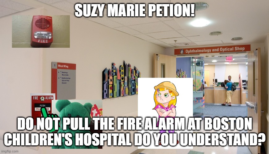 Suzy Petion pulling the fire alarm at Boston Children's Hospital! | SUZY MARIE PETION! DO NOT PULL THE FIRE ALARM AT BOSTON CHILDREN'S HOSPITAL DO YOU UNDERSTAND? | image tagged in big trouble,fire alarm,anxiety,children | made w/ Imgflip meme maker