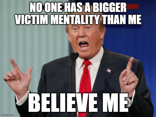 And His Supporters Feel Like They're Victims Of Anyone Who Suggests That They Have A Victim Mentality | NO ONE HAS A BIGGER VICTIM MENTALITY THAN ME; BELIEVE ME | image tagged in donald trump,victim,narcissist,weak,whiners,snowflakes | made w/ Imgflip meme maker