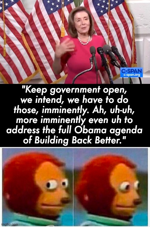 Twice in one week – first Psaki now Pelosi refered to Biden as Obama | "Keep government open,
we intend, we have to do
those, imminently. Ah, uh-uh,
more imminently even uh to
address the full Obama agenda
of Building Back Better." | image tagged in nancy pelosi,joe biden,barack obama | made w/ Imgflip meme maker