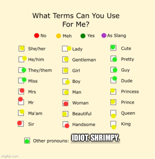 The only person who can call me all of these is my grandma | IDIOT. SHRIMPY. | image tagged in pronouns sheet | made w/ Imgflip meme maker