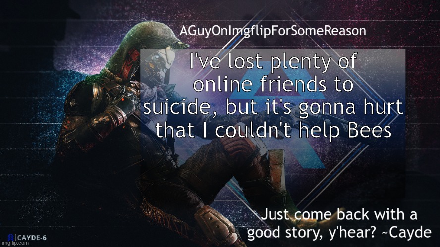 dammit, i really am a failure | I've lost plenty of online friends to suicide, but it's gonna hurt that I couldn't help Bees | image tagged in aguyonimgflip cayde announcement template | made w/ Imgflip meme maker