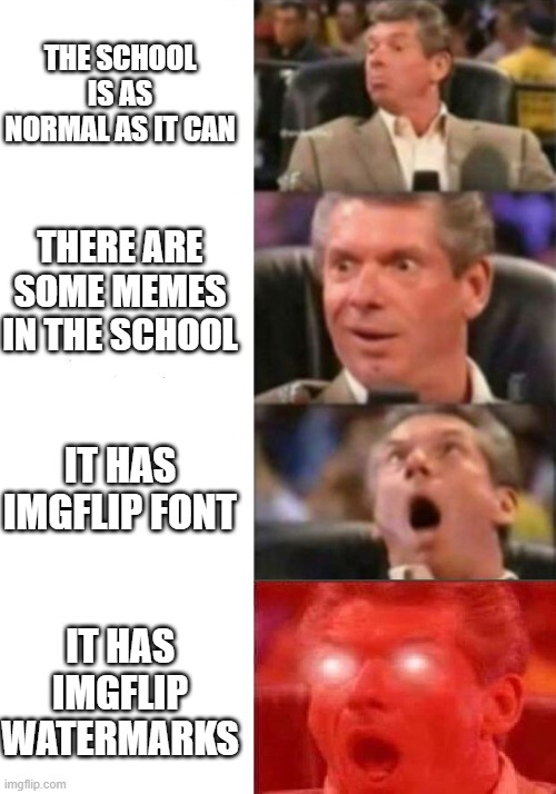 untitled | THE SCHOOL IS AS NORMAL AS IT CAN; THERE ARE SOME MEMES IN THE SCHOOL; IT HAS IMGFLIP FONT; IT HAS IMGFLIP WATERMARKS | image tagged in mr mcmahon reaction | made w/ Imgflip meme maker