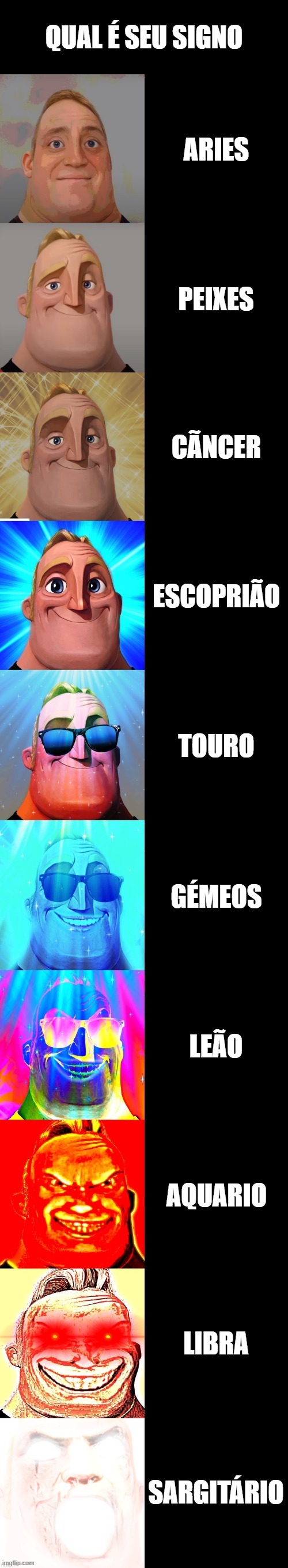 qual é seu signo | QUAL É SEU SIGNO; ARIES; PEIXES; CÃNCER; ESCOPRIÃO; TOURO; GÉMEOS; LEÃO; AQUARIO; LIBRA; SARGITÁRIO | image tagged in mr incredible becoming canny | made w/ Imgflip meme maker