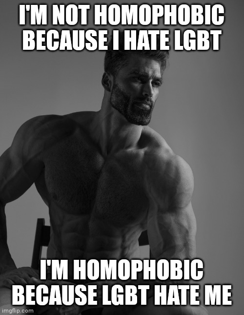 being straight is a crime | I'M NOT HOMOPHOBIC BECAUSE I HATE LGBT; I'M HOMOPHOBIC BECAUSE LGBT HATE ME | image tagged in giga chad | made w/ Imgflip meme maker