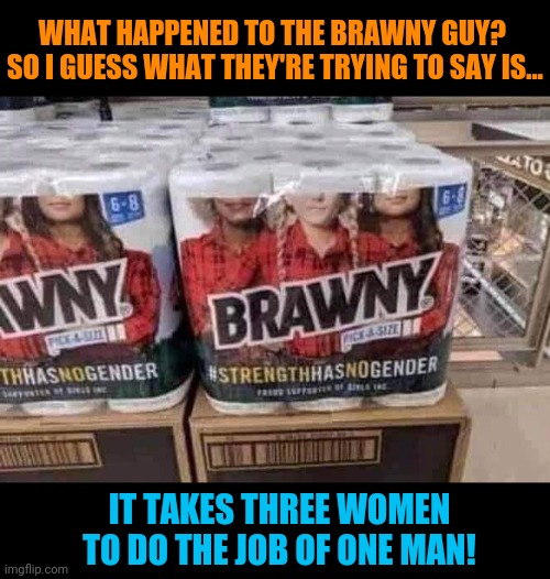 Brawny Girls | WHAT HAPPENED TO THE BRAWNY GUY?  SO I GUESS WHAT THEY'RE TRYING TO SAY IS... IT TAKES THREE WOMEN TO DO THE JOB OF ONE MAN! | image tagged in feminist,paper towels,gender equality,men vs women,politically correct | made w/ Imgflip meme maker