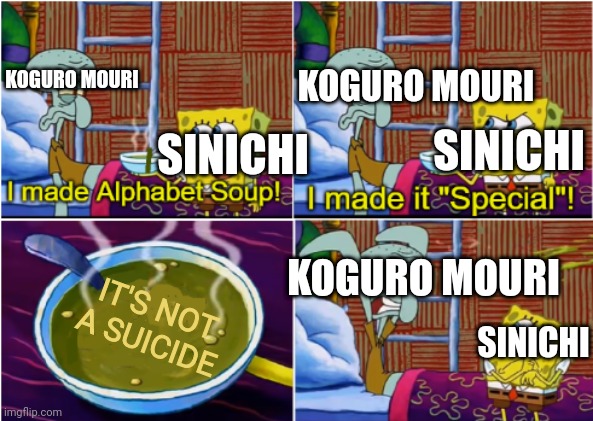 Detective Conan in a nutshell |  KOGURO MOURI; KOGURO MOURI; SINICHI; SINICHI; IT'S NOT A SUICIDE; KOGURO MOURI; SINICHI | image tagged in alphabet soup | made w/ Imgflip meme maker