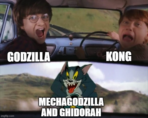 Tom chasing Harry and Ron Weasly | KONG; GODZILLA; MECHAGODZILLA AND GHIDORAH | image tagged in tom chasing harry and ron weasly | made w/ Imgflip meme maker