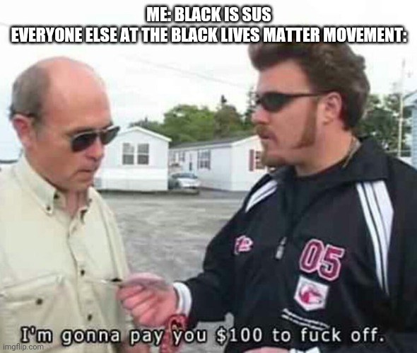 Trailer park | ME: BLACK IS SUS
EVERYONE ELSE AT THE BLACK LIVES MATTER MOVEMENT: | image tagged in trailer park | made w/ Imgflip meme maker