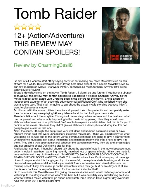 Tomb Raider (2018) - MovieReview | image tagged in moviereviews,tomb raider,enjoy,4 stars | made w/ Imgflip meme maker