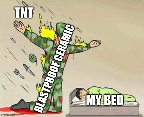Roblox Bedwars | TNT; BLASTPROOF CERAMIC; MY BED | image tagged in soldier protecting sleeping child | made w/ Imgflip meme maker