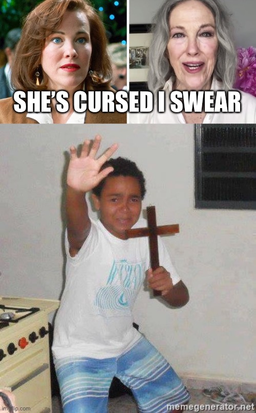 What happened to her!!?? | SHE’S CURSED I SWEAR | image tagged in scared kid holding a cross | made w/ Imgflip meme maker