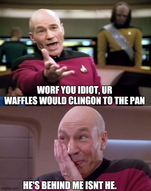 HE'S BEHIND ME ISNT HE. WORF YOU IDIOT, UR WAFFLES WOULD CLINGON TO THE PAN | image tagged in startrek,picard oops | made w/ Imgflip meme maker