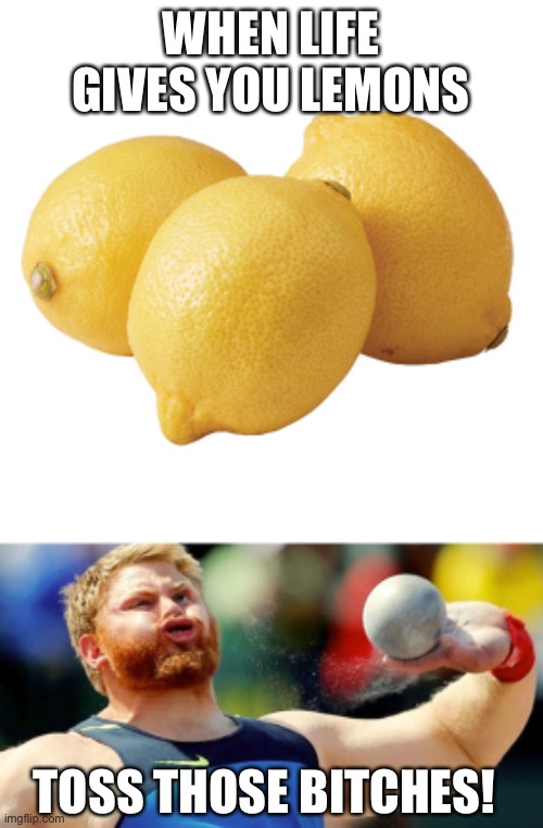 Toss ‘em | WHEN LIFE GIVES YOU LEMONS; TOSS THOSE BITCHES! | image tagged in when life gives you lemons,lemons,toss em | made w/ Imgflip meme maker