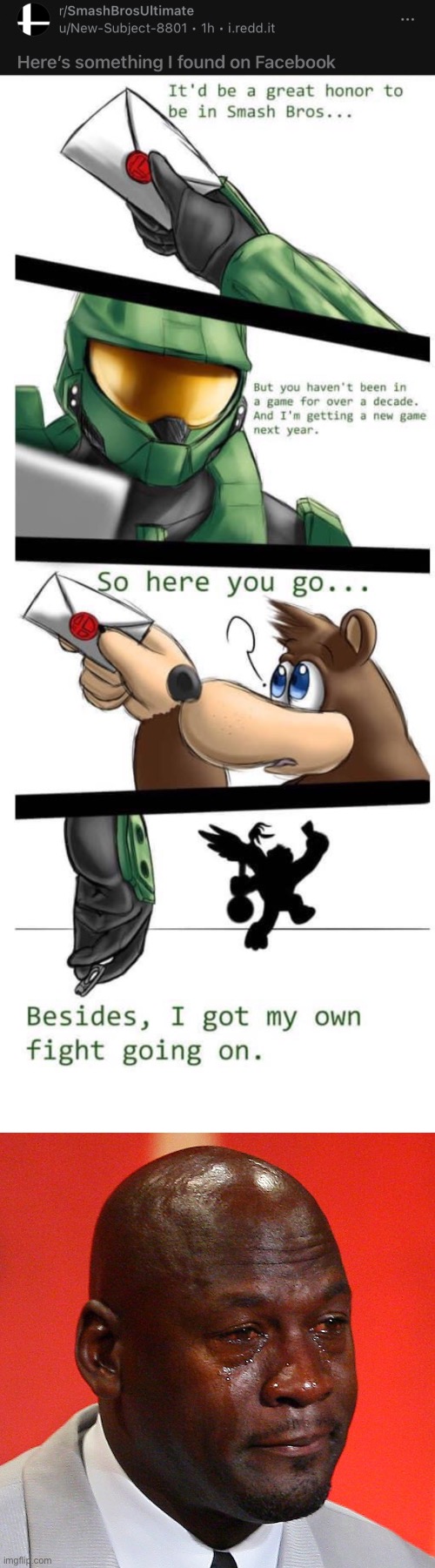 The real reason why Chief didn’t join SSBU. (Repost from Reddit that was reposted from Facebook) | image tagged in black guy crying | made w/ Imgflip meme maker