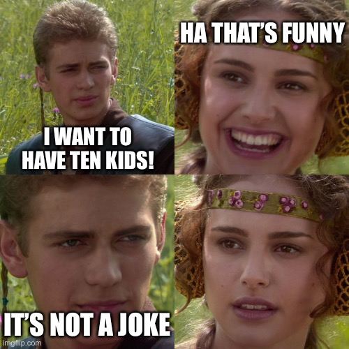 Kids meme | HA THAT’S FUNNY; I WANT TO HAVE TEN KIDS! IT’S NOT A JOKE | image tagged in anakin padme 4 panel | made w/ Imgflip meme maker