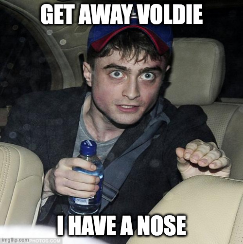 harry potter crazy | GET AWAY VOLDIE; I HAVE A NOSE | image tagged in harry potter crazy | made w/ Imgflip meme maker