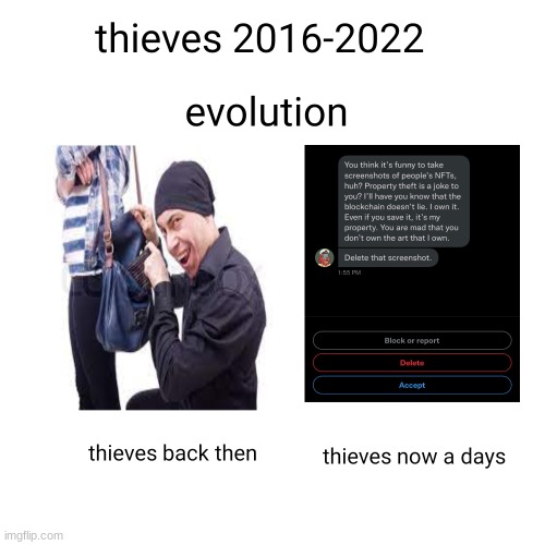 thieves | image tagged in nft,thieve,2022,2016,evolution | made w/ Imgflip meme maker