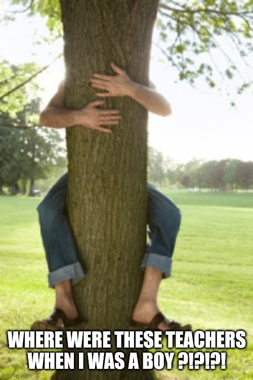 tree hugger | WHERE WERE THESE TEACHERS WHEN I WAS A BOY ?!?!?! | image tagged in tree hugger | made w/ Imgflip meme maker